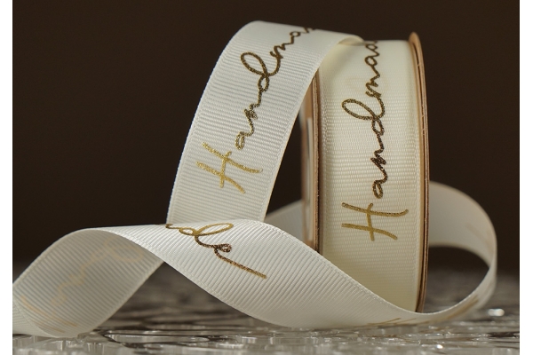 Стрічка репсова з написом "Hand Made" (2,5 см *23 м), молочний (№02m) (1рулон)