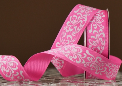 Репсова  стрічка з принтом "КВІТИ-3" рожевий (2,5 см *23 м) (1 рулон)