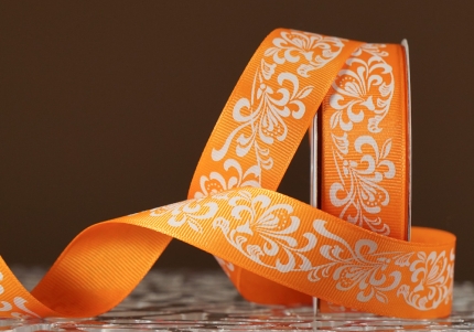 Репсова  стрічка з принтом "КВІТИ-3" помаранчевий (2,5 см *23 м) (1 рулон)