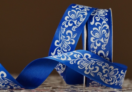 Репсова  стрічка з принтом "КВІТИ-3" синій (2,5 см *23 м) (1 рулон)