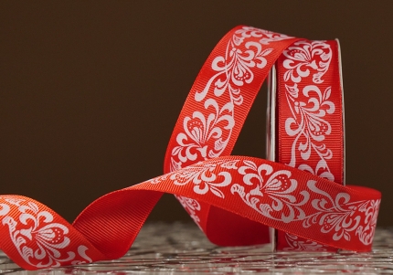 Репсова  стрічка з принтом "КВІТИ-3" червоний (2,5 см *23 м) (1 рулон)