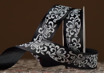 Репсова  стрічка з принтом "КВІТИ-3" чорний (2,5 см *23 м) (1 рулон)