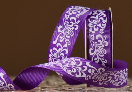 Репсова  стрічка з принтом "КВІТИ-3" пурпурно-фіолетовий (2,5 см *23 м) (1 рулон)