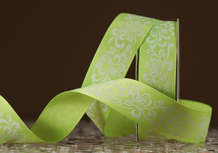 Репсова  стрічка з принтом "КВІТИ-3" світло-зелений (2,5 см *23 м) (1 рулон)