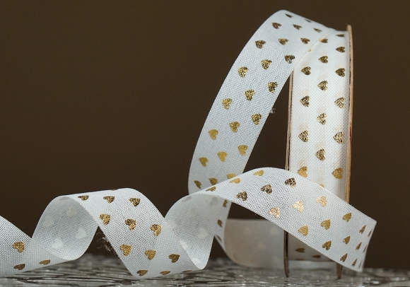 Стрічка з мішковини принт "Серце" (2,5 см *9 м), білий (1рулон)