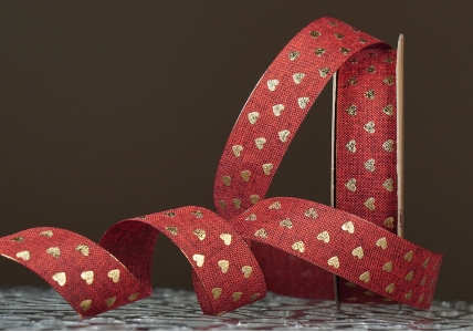 Стрічка з мішковини принт "Серце" (2,5 см *9 м), бордовий (1рулон)