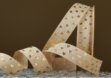 Стрічка з мішковини принт "Серце" (2,5 см *9 м), пісочний (1рулон)