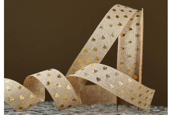 Стрічка з мішковини принт "Серце" (2,5 см *9 м), пісочний (1рулон) Стрічка з мішковини принт "Серце" (2,5 см *9 м), пісочний (1рулон)