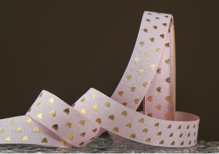 Стрічка з мішковини принт "Серце" (2,5 см *9 м), світло-рожевий (1рулон)