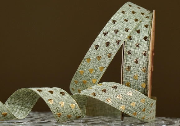 Стрічка з мішковини принт "Серце" (2,5 см *9 м), світло-зелений (1рулон)