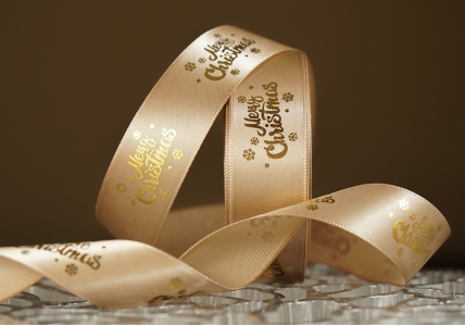 Атласна новорічна стрічка Merry Christmas-2 світло-коричневий (2,5 см *23 м)(1рулон)