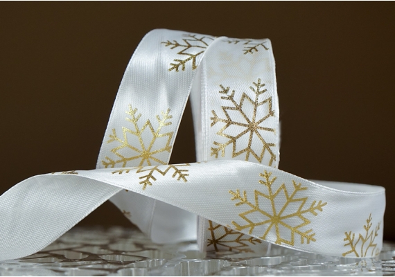 Атласна новорічна стрічка "Сніжинки" білий (2,5 см *23 м)(1рулон)