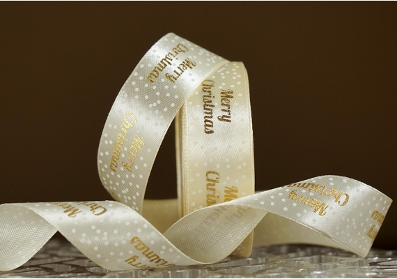 Атласна новорічна стрічка Merry Christmas-3 молочний (2,5 см *23 м)(1рулон)