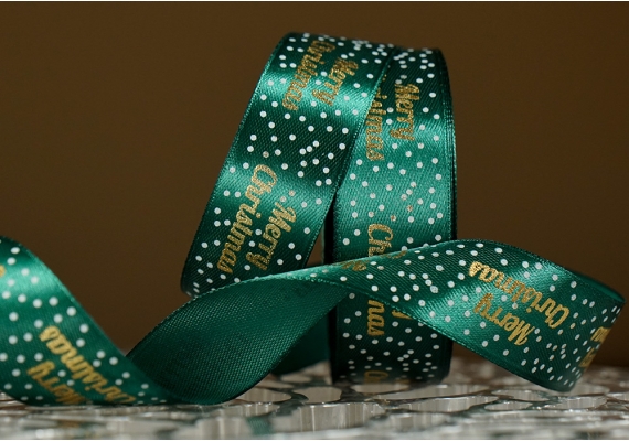 Атласна новорічна стрічка Merry Christmas-3 зелений (2,5 см *23 м)(1рулон)