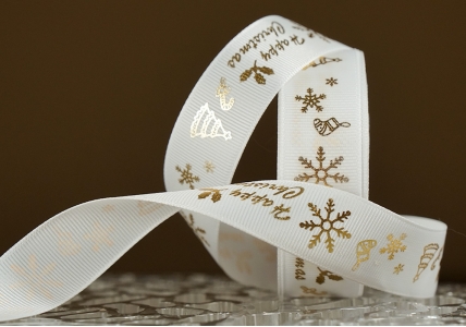 Репсова новорічна стрічка "Happy Christmas" білий (2,5 см *23 м) (1рулон)