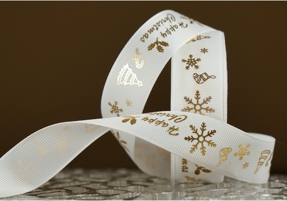 Репсова новорічна стрічка "Happy Christmas" білий (2,5 см *23 м) (1рулон)