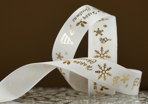 Репсова новорічна стрічка "Happy Christmas" білий (2,5 см *23 м) (1рулон)