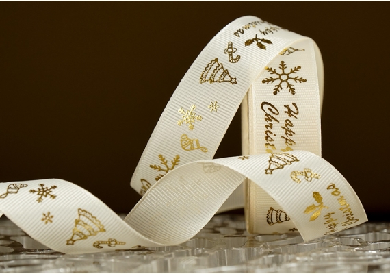 Репсова новорічна стрічка "Happy Christmas" молочний (2,5 см *23 м) (1рулон)