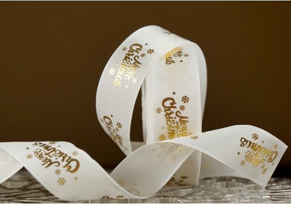 Репсова новорічна стрічка "Merry Christmas-2" білий (2,5 см *23 м)(1рулон)