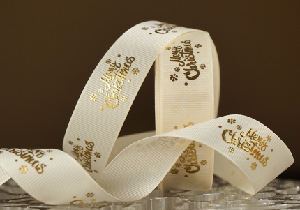 Репсова новорічна стрічка "Merry Christmas-2" молочний (2,5 см *23 м)(1рулон)