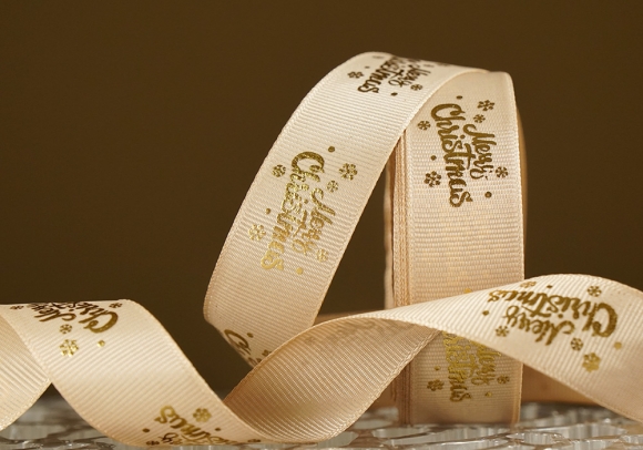 Репсова новорічна стрічка "Merry Christmas-2" світло-коричневий (2,5 см *23 м)(1рулон)