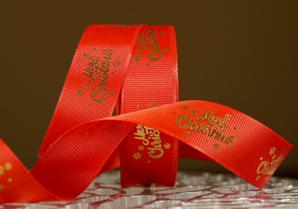Репсова новорічна стрічка "Merry Christmas-2" червоний (2,5 см *23 м)(1рулон)