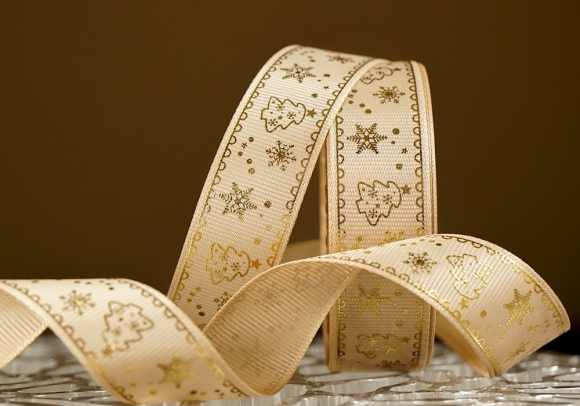Репсова новорічна стрічка "Ялинка" світло-коричневий (2,5 см *23 м) (1рулон)