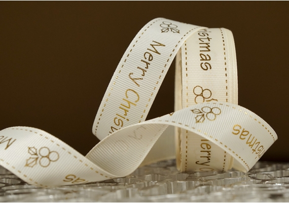 Репсова новорічна стрічка "Merry Christmas" молочний (2,5 см *23 м) (1рулон)