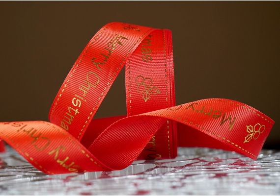 Репсова новорічна стрічка "Merry Christmas" червоний (2,5 см *23 м) (1рулон)