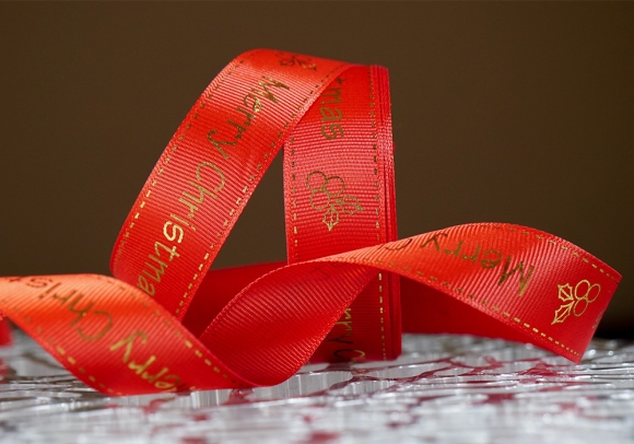 Репсова новорічна стрічка "Merry Christmas" червоний (2,5 см *23 м) (1рулон)