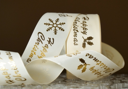 Репсова новорічна стрічка "Happy Christmas" молочний (4,0 см *23 м) (1рулон)