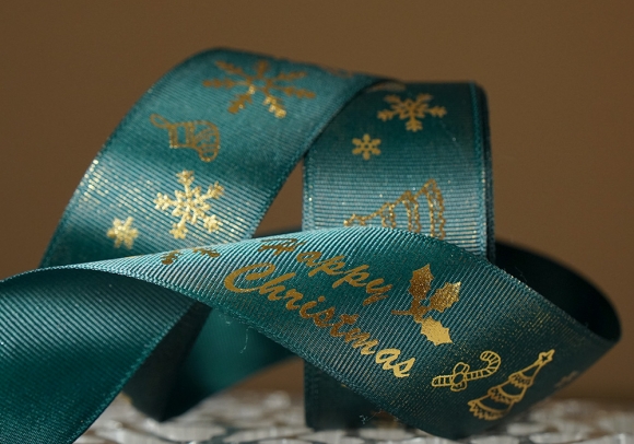 Репсова новорічна стрічка "Happy Christmas" зелений (4,0 см *23 м) (1рулон)