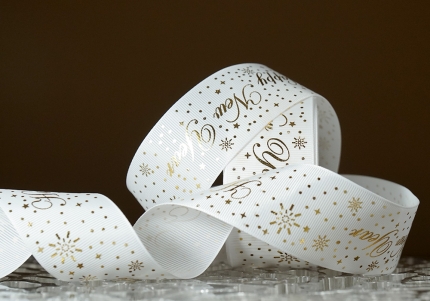 Репсова новорічна стрічка "Happy New Year" білий (4,0 см *23 м) (1рулон)