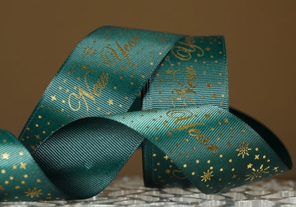 Репсова новорічна стрічка "Happy New Year" зелений (4,0 см *23 м) (1рулон)