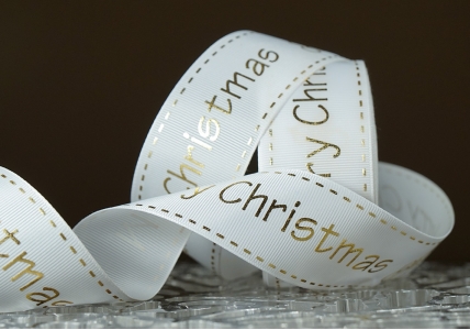 Репсова новорічна стрічка "Merry Christmas" білий (4,0 см *23 м) (1рулон)