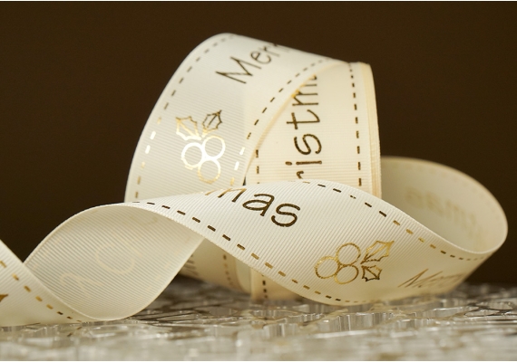 Репсова новорічна стрічка "Merry Christmas" молочний (4,0 см *23 м) (1рулон)