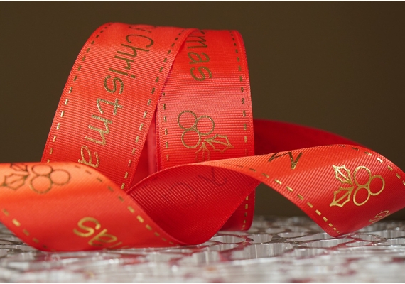 Репсова новорічна стрічка "Merry Christmas" червоний (4,0 см *23 м) (1рулон)