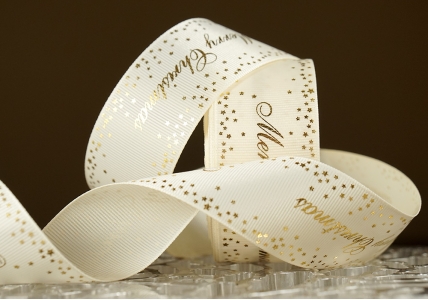 Репсова новорічна стрічка "Merry Christmas-3" молочний (4,0 см *23 м) (1рулон)