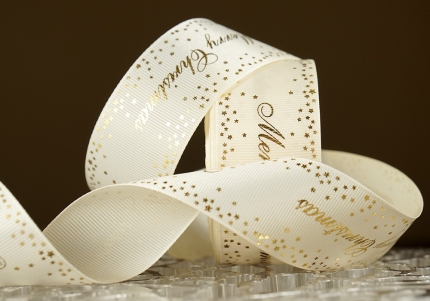 Репсова новорічна стрічка "Merry Christmas-3" молочний (4,0 см *23 м) (1рулон)