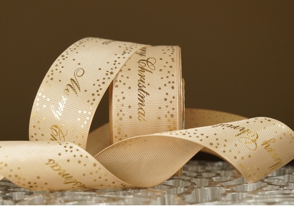 Репсова новорічна стрічка "Merry Christmas-3" коричневий (4,0 см *23 м) (1рулон)