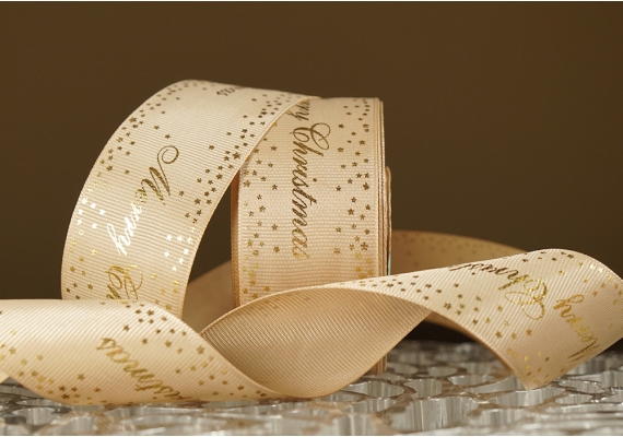 Репсова новорічна стрічка "Merry Christmas-3" коричневий (4,0 см *23 м) (1рулон)