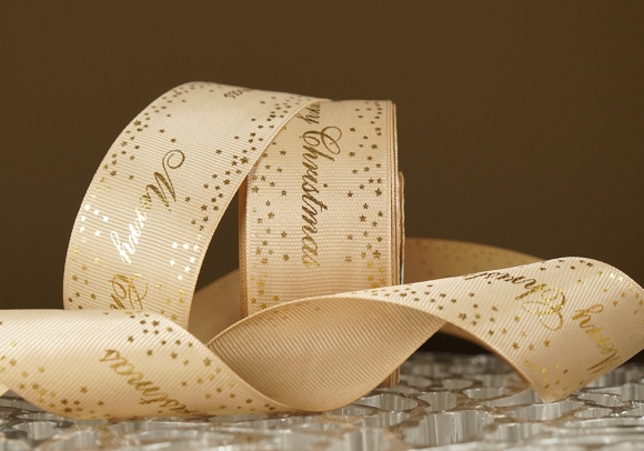 Репсова новорічна стрічка "Merry Christmas-3" коричневий (4,0 см *23 м) (1рулон)