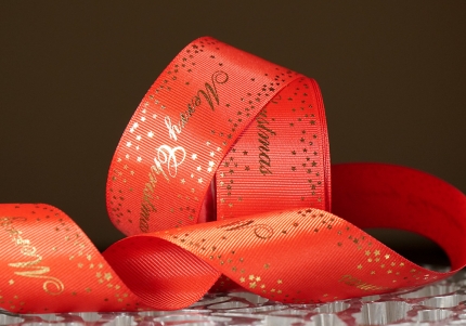 Репсова новорічна стрічка "Merry Christmas-3" червоний (4,0 см *23 м) (1рулон)