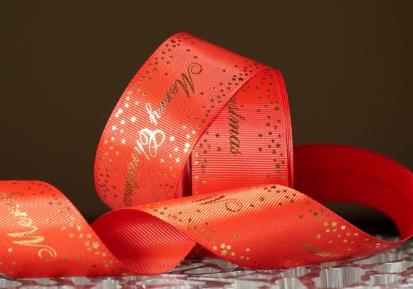 Репсова новорічна стрічка "Merry Christmas-3" червоний (4,0 см *23 м) (1рулон)