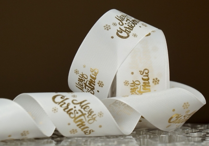 Репсова новорічна стрічка "Merry Christmas-2" білий (4,0 см *23 м) (1рулон)