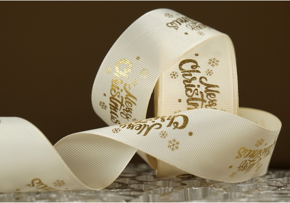 Репсова новорічна стрічка "Merry Christmas-2" молочний (4,0 см *23 м) (1рулон)