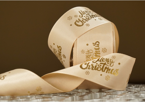 Репсова новорічна стрічка "Merry Christmas-2" коричневий (4,0 см *23 м) (1рулон)