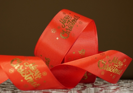 Репсова новорічна стрічка "Merry Christmas-2" червоний (4,0 см *23 м) (1рулон)