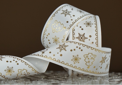 Репсова новорічна стрічка "Ялинка" білий (4,0 см *23 м) (1рулон)