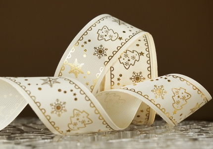 Репсова новорічна стрічка "Ялинка" молочний (4,0 см *23 м) (1рулон)
